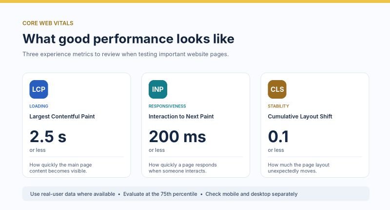 Core Web Vitals good thresholds: LCP 2.5 seconds or less, INP 200 milliseconds or less, and CLS 0.1 or less
