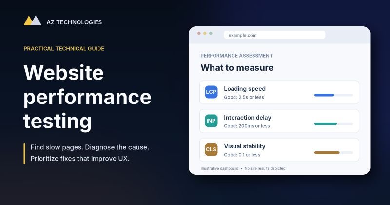 Website performance testing dashboard illustrating loading speed, interaction responsiveness, and visual stability
