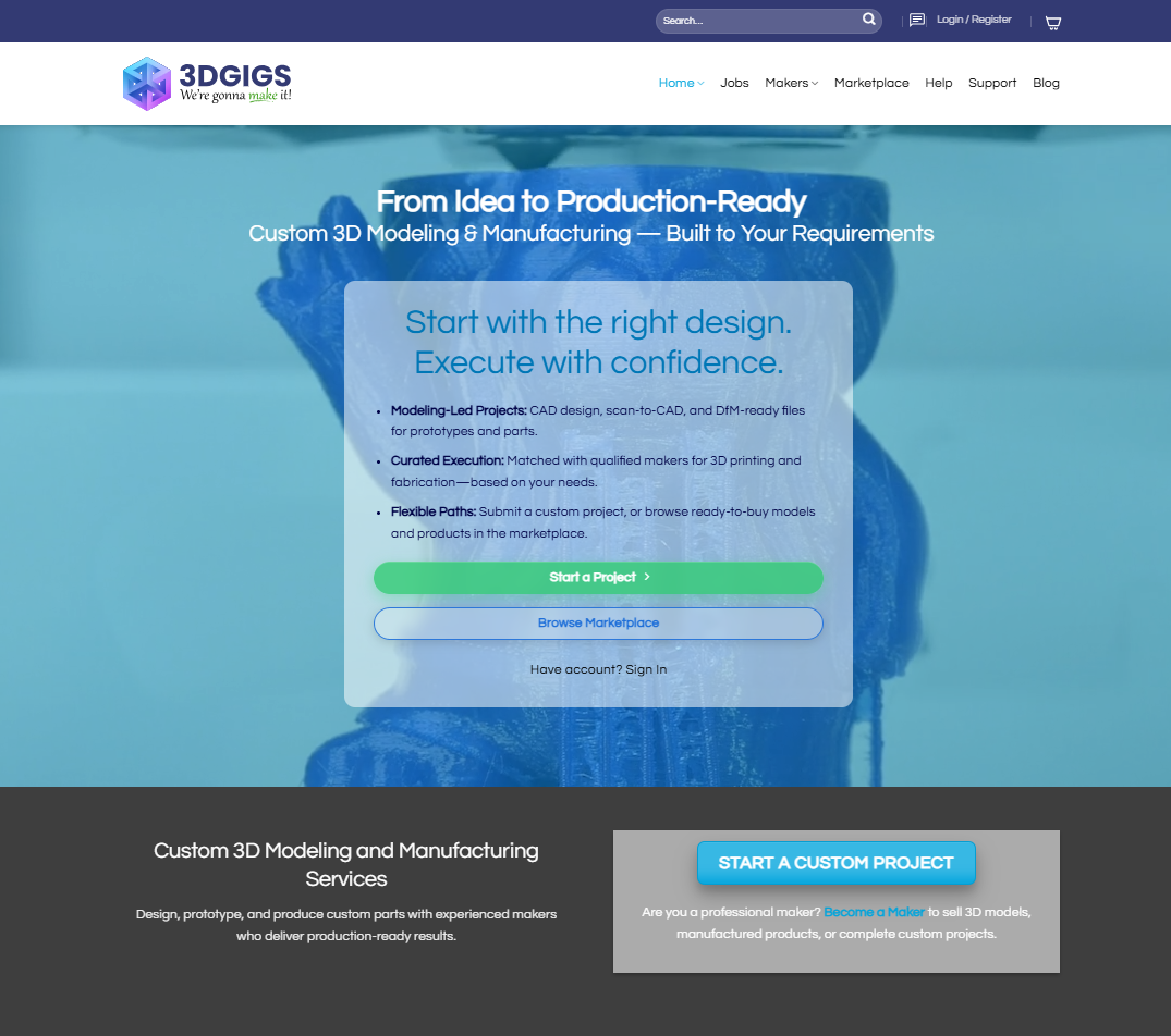 3DGigs multi-vendor marketplace showcasing 3D models, custom manufacturing products, and maker listings
