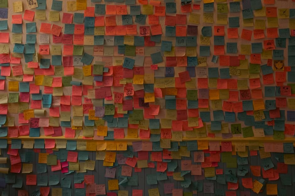 map manual business workflow — Vibrant collection of sticky notes organized on an indoor wall