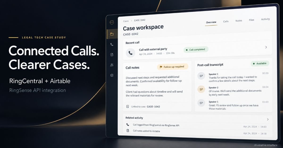 RingCentral Airtable integration showing call notes, statuses, and transcripts linked to legal case records